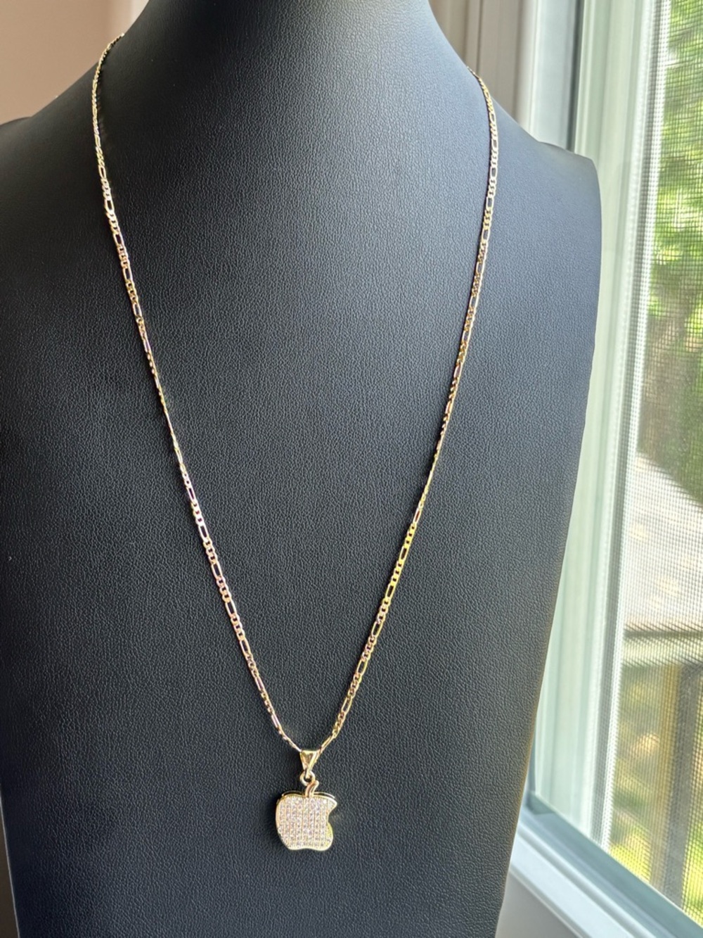Gold Plated Apple Pendant Necklace Pave Crystal Charm Figaro Chain Dainty Trendy - Picture 5 of 9